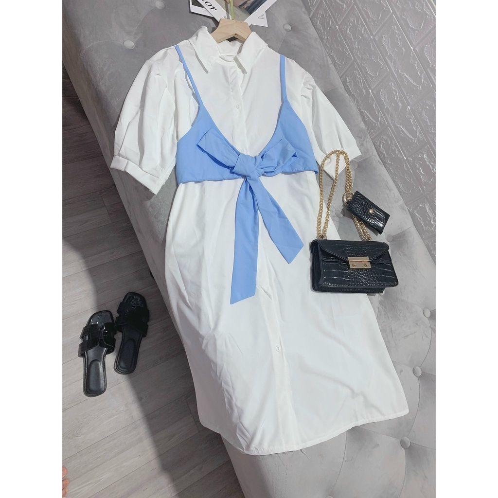 Bộ Đầm Sơ mi Nữ Phối Yếm Nơ Cúc Cài Cộc Tay 3 Màu Q073
