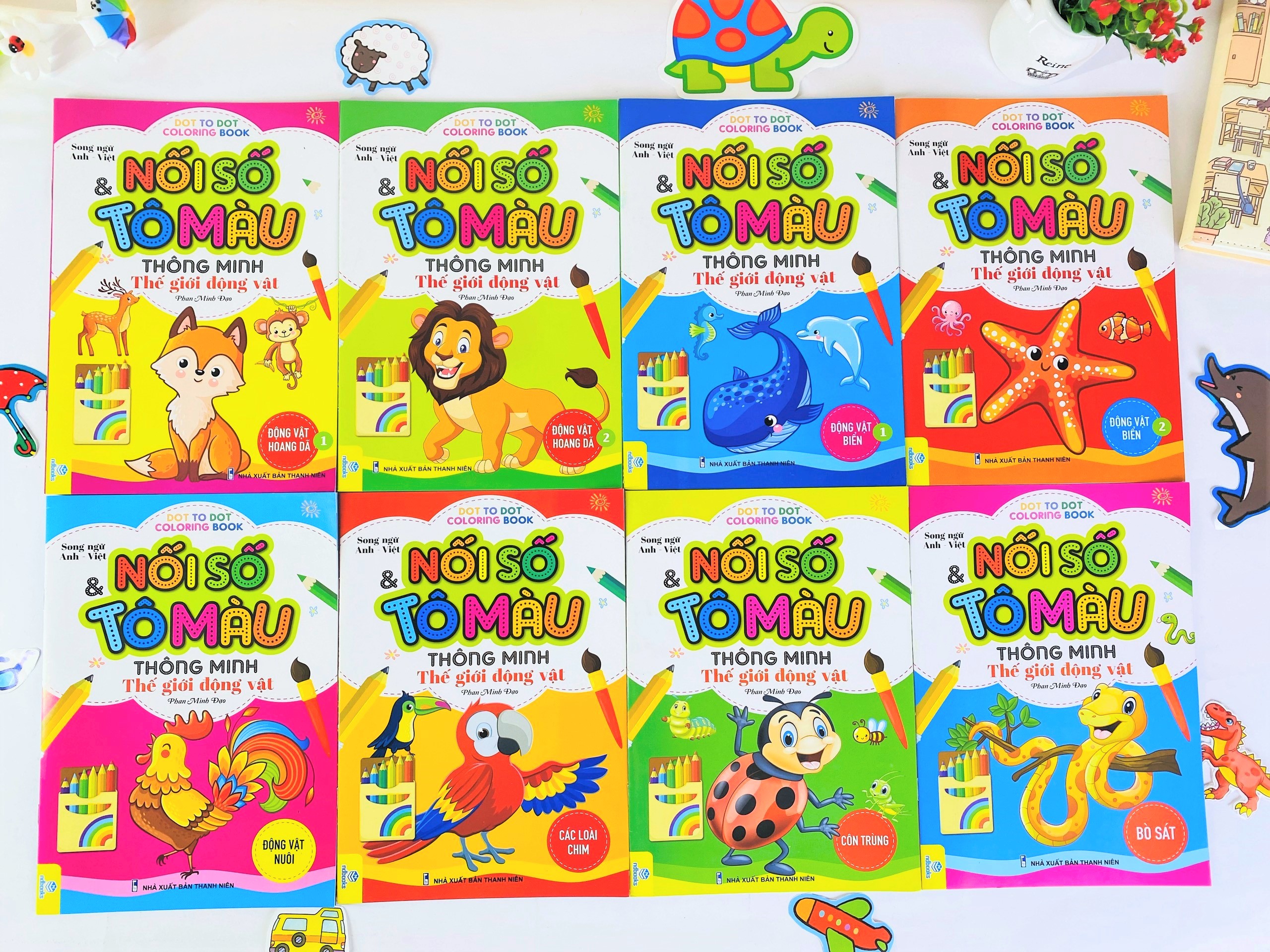 Sách - Combo 8 Cuốn: Nối số & Tô màu thông minh thế giới động vật - Song ngữ Việt Anh - ndbooks