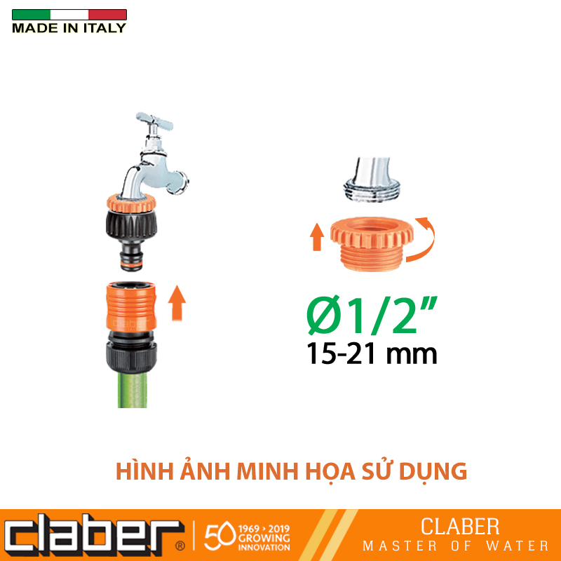 Đầu nối vòi nước ren 21-27mm Claber 8591, ngõ ra là đầu nối nhanh