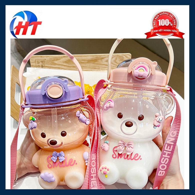 BÌNH TRÀ SỮA HÌNH GẤU CUTE 1100ML , CÓ DÂY - HT