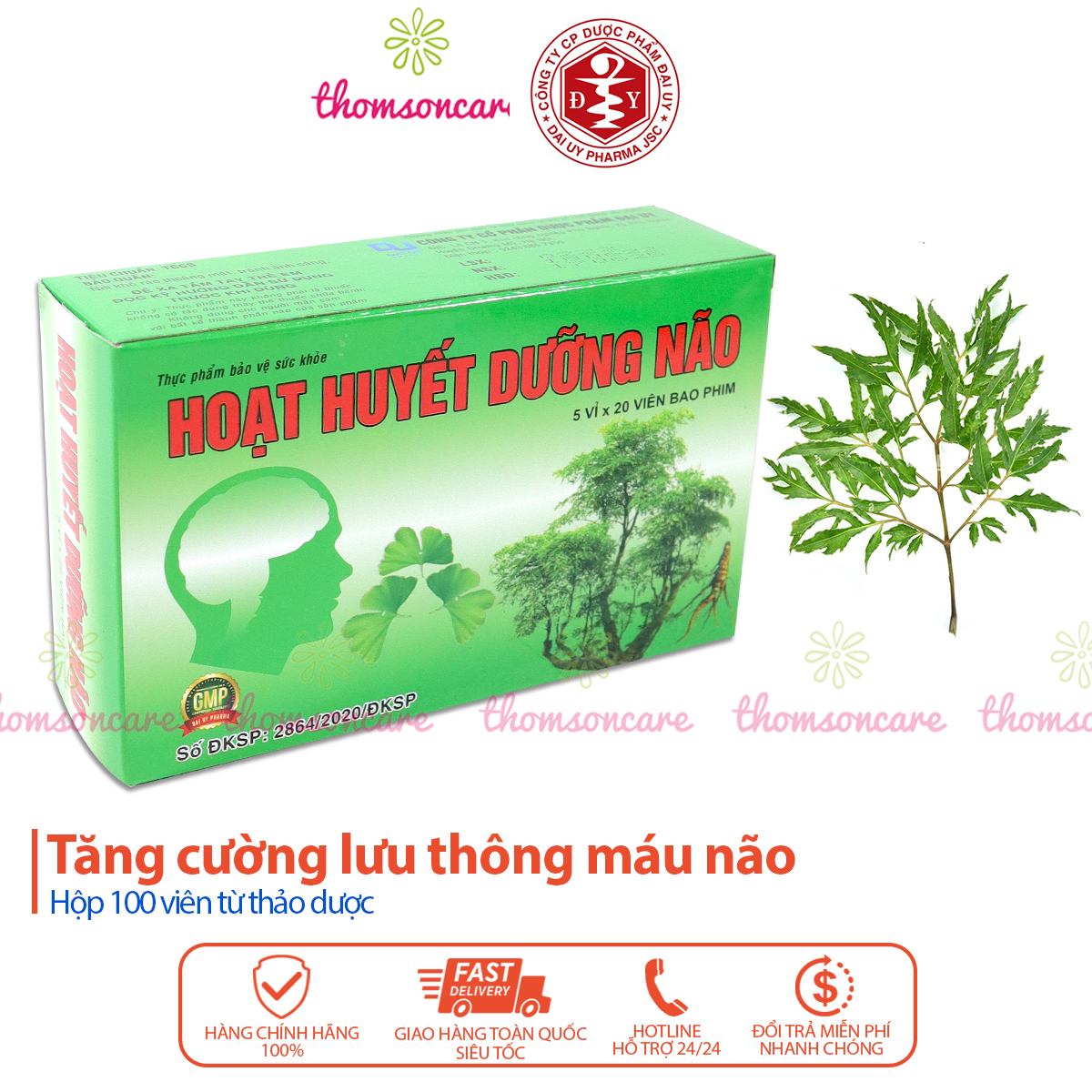 Hoạt huyết dưỡng não - Hộp 100 viên bao đường - tuần hoàn não, Dược Đại Uy, từ đinh lăng, bạch quả