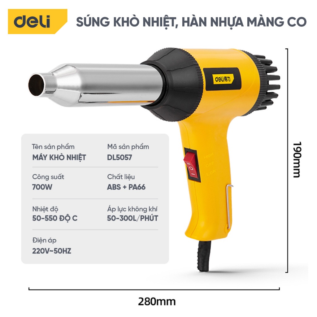 Máy khò nhiệt Deli Súng Khò Hàn Nhựa Màng Co Thổi Hơi Nóng Cao Cấp Lên Tới 480 Độ