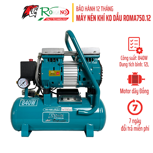 Máy nén khí không dầu Romano ROMA750.12, Bình 12L, Công suất 840W, Lên hơi nhanh 40s, Chạy siêu êm