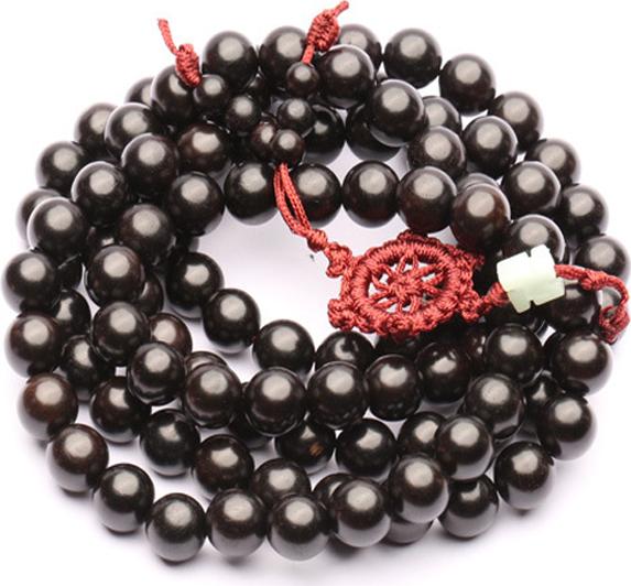 Vòng tay nam nữ gỗ mun 108 hạt 10 ly đính dây đỏ may mắn VG02.108 phong cách phật giáo
