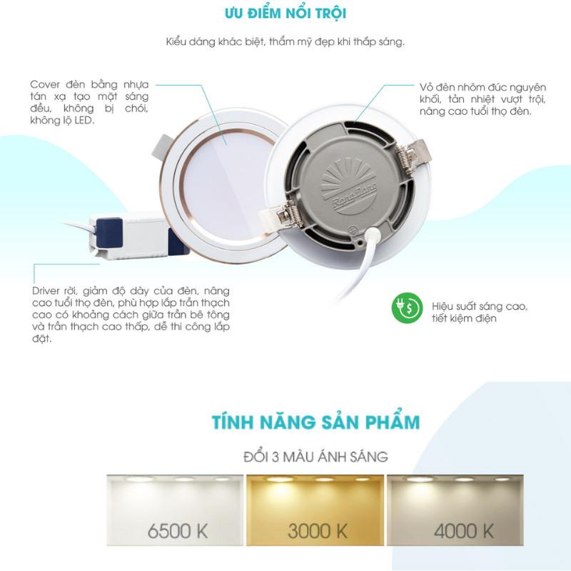 Đèn led âm trần Rạng Đông, Downlight, đổi mầu, siêu sáng 8W,10W,12W, lỗ trần 90,110 AT20 ĐM - Đổi mầu viền vàng