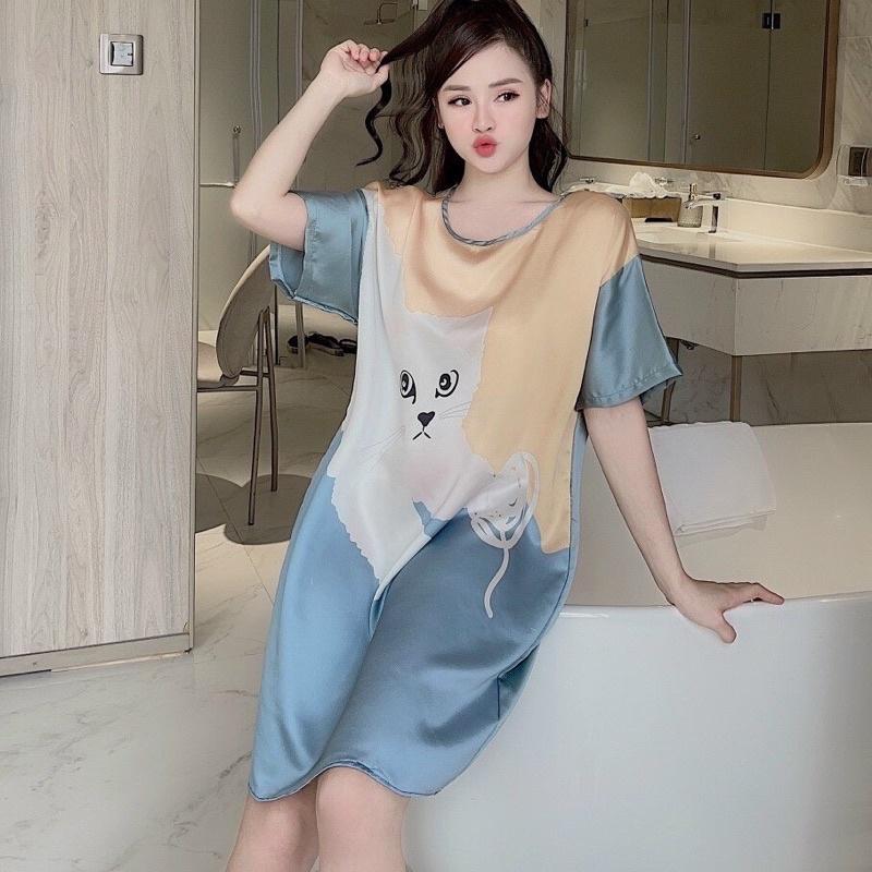 Váy Ngủ Lụa Hình Cute Tay Lỡ Có Ảnh Thật Kèm Video