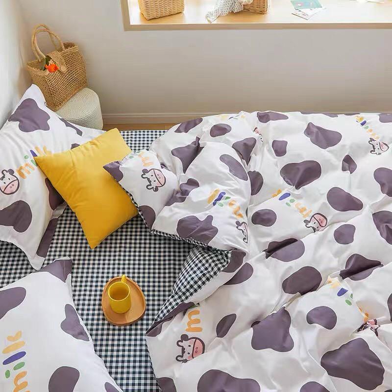Bộ chăn ga gối Cotton poly M2T bedding Bò Milk tím, vỏ chăn mền, drap giường và 2 vỏ gối