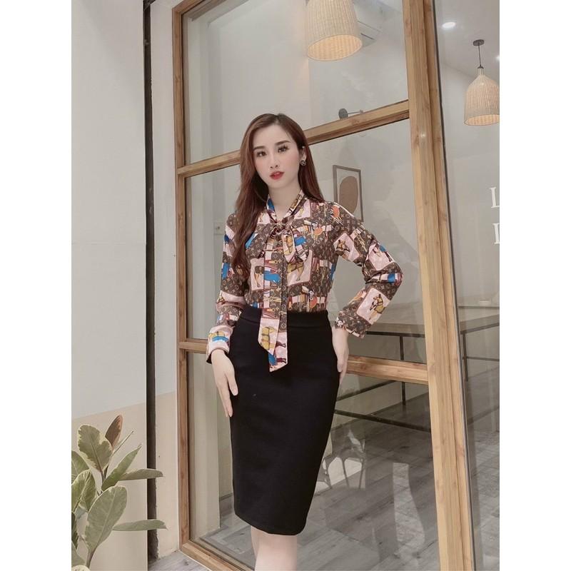Áo sơ mi cổ nơ hoạ tiết chú ngựa dài tay siêu hót