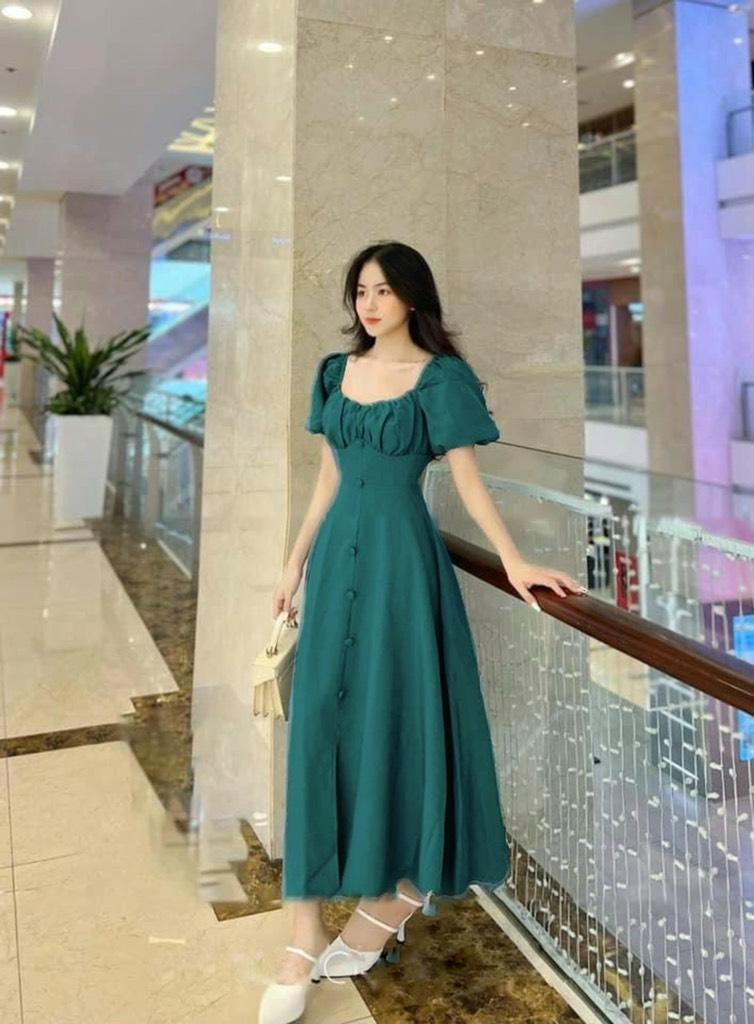 ĐẦM MIDI NHÍU NGỰC TAY BỒNG 13195