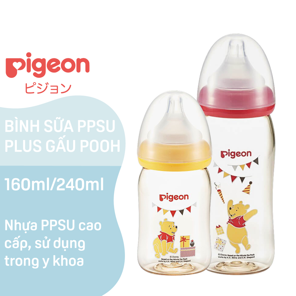 [TẶNG CÂY SÚC RỬA BÌNH SỮA &amp; NÚM VÚ] Bình sữa cổ rộng PPSU Plus Gấu Pooh Pigeon 240ml (M) - HSD 08/2024