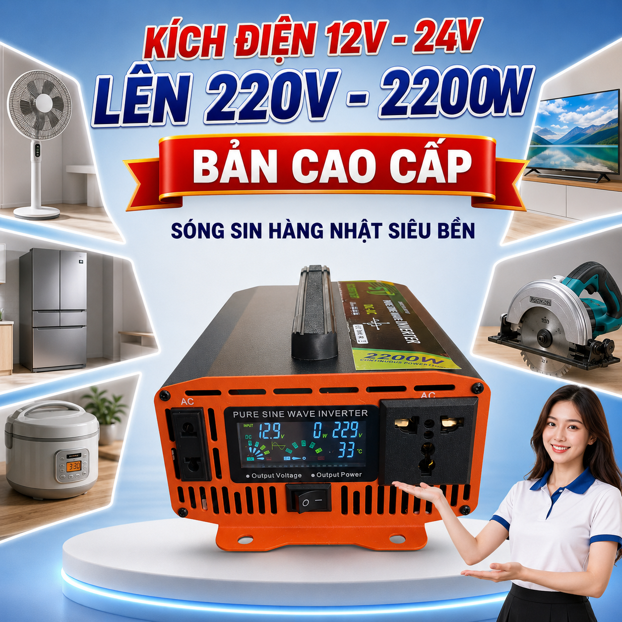 Kích Điện Inverter ST Nhật Bản 2200W Chuyển Nguồn Ắc Quy 12V 24V Thành 220V Ổn Định, đèn trang trí