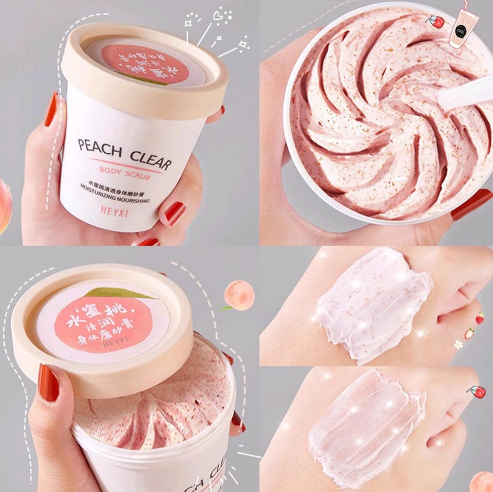 Tẩy da chết heyxi hương đào làm mịn trắng da peach body scrub 200g(tặng gói mặt nạ ngủ YANJIAYI)