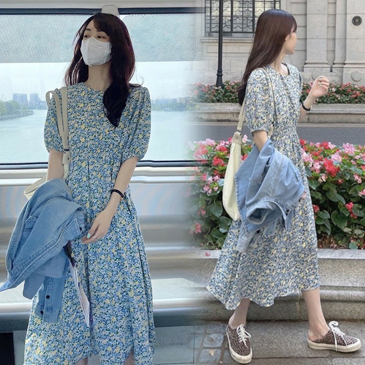 Đầm hoa nhí tay phồng bo eo co dãn