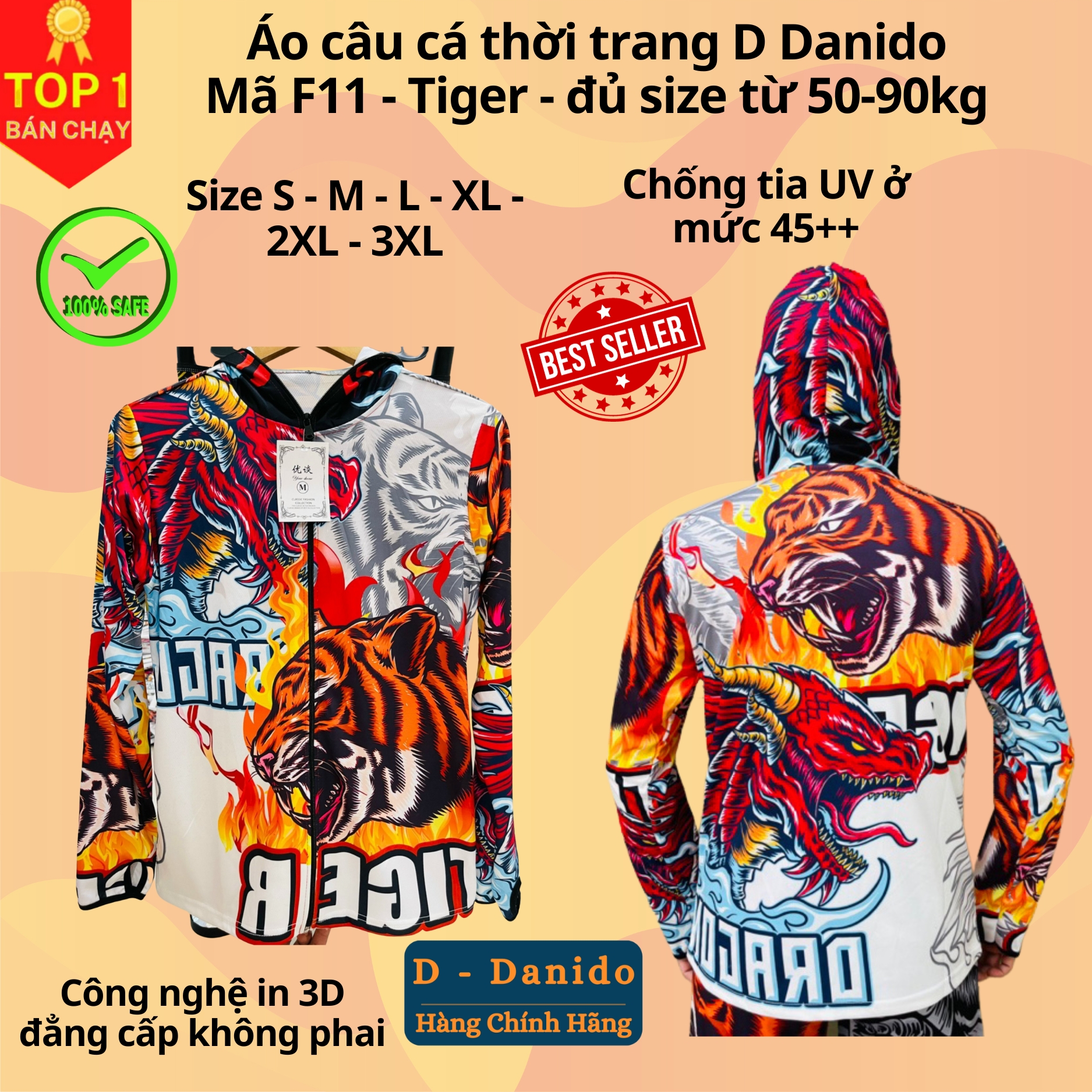 Áo câu cá thời trang chống nắng F11 Tiger đủ size từ 50-85kg - Áo đi câu chất liệu chống tia UV cao cấp D Danido