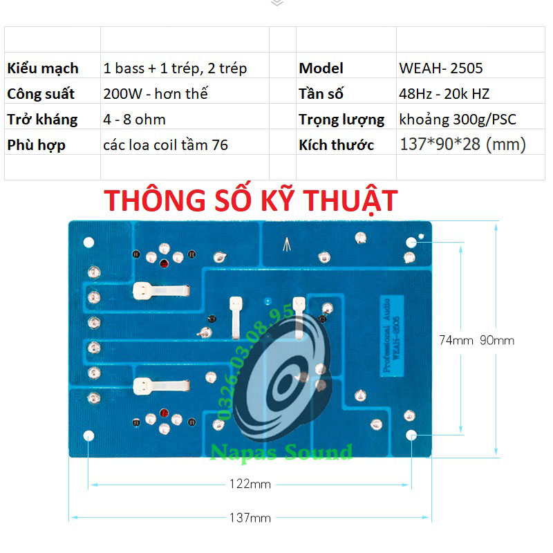 MẠCH PHÂN TẦN 1 BASS 1 TRÉP CHO LOA CÔN 76 50MM - PHÂN TẦN LOA 2 ĐƯỜNG TIẾNG - MẠCH PHÂN TẦN 2 LOA