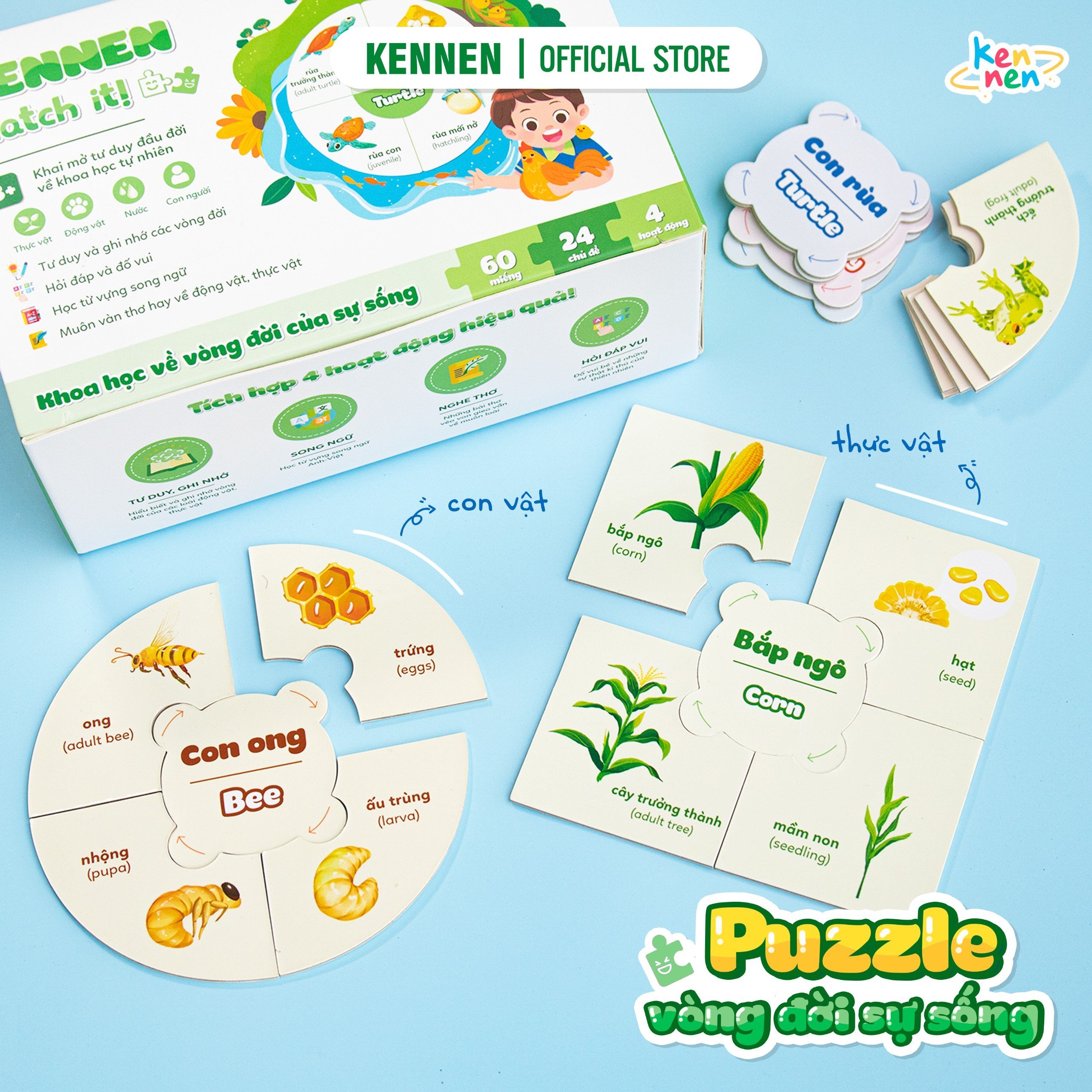 Kennen Match it - Puzzle học chữ và đánh vần Tiếng Việt 5in1 và học các Kỹ năng sống, Vòng đời của sự sống - Dành cho bé từ 3 tuổi