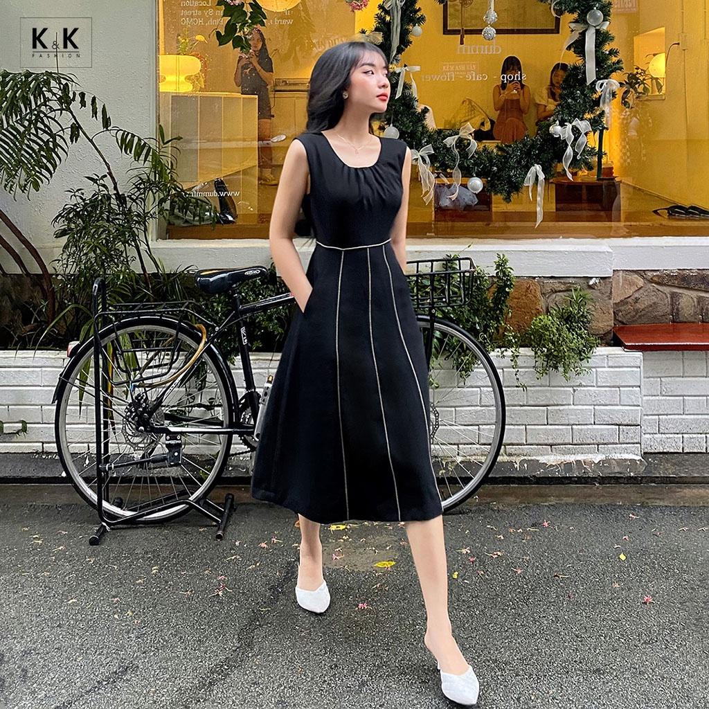Đầm Xòe Đen Sát Nách Viền Chỉ Trắng K&K Fashion KK116-38 Chất Liệu Chéo Hàn
