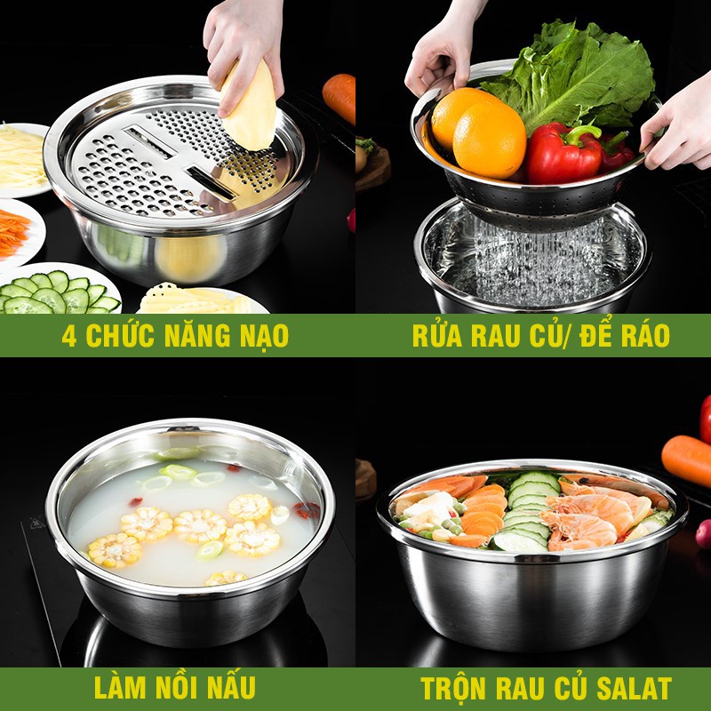 Bộ dụng cụ bào nạo rau củ, Bộ 3 món nạo rau củ kiêm rổ và thau bằng Inox cao cấp tiện Lợi đa năng