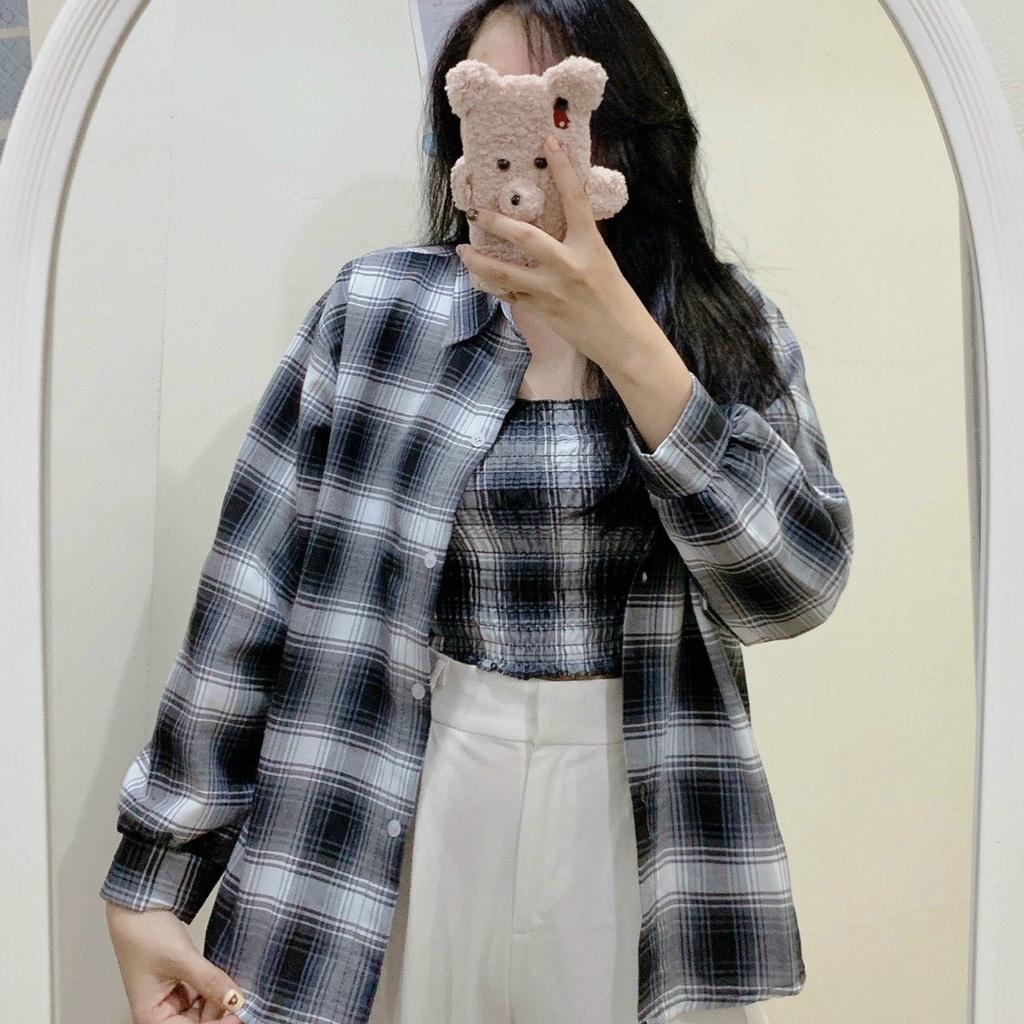 Set áo sơ mi caro ngoài kèm áo ống nhún thun xinh xắn thời trang hot