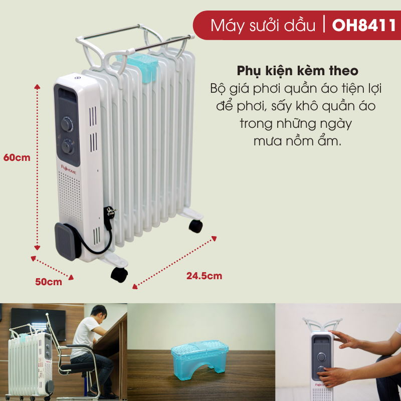 Máy sưởi dầu không khô da Nhật Bản nhập khẩu FUJIHOME OH8411 11 thanh , máy sưởi ấm điện không đốt oxi, tự động ngắt mini - Hàng chính hãng