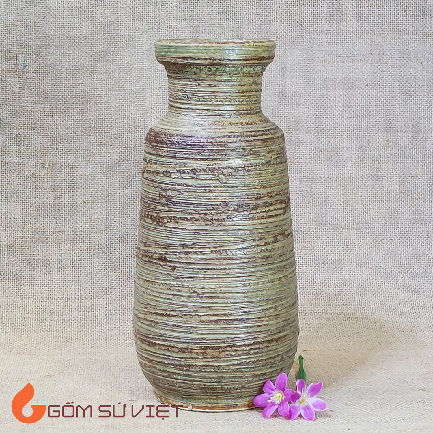 Bình hoa gốm mộc dáng chai có cổ màu nâu - Gốm Bát Tràng