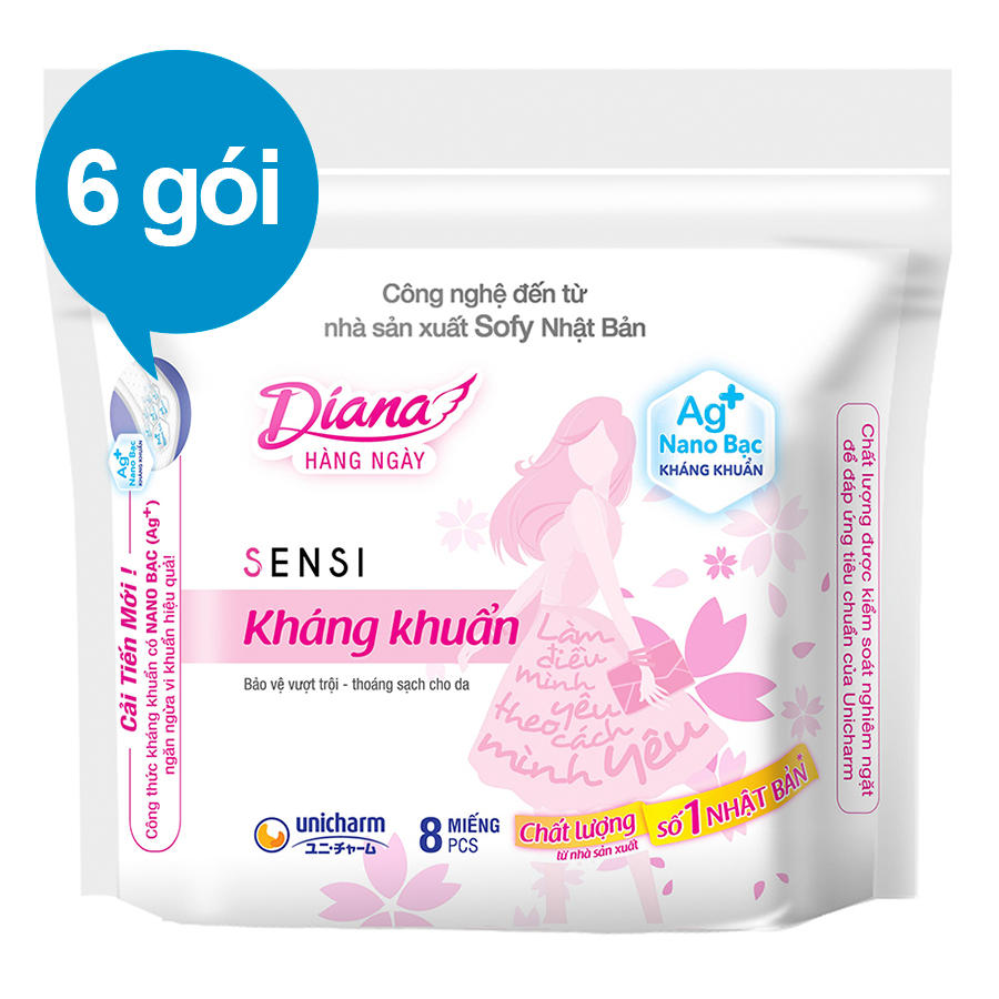 Combo 6 Băng Vệ Sinh Diana Daily Sensi Siêu Thấm Kháng Khuẩn (Gói 8 Miếng)