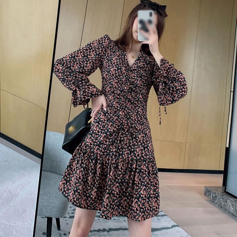 Đầm Nữ Tay Dài Cổ Chữ V In Hoa Thời Trang Quyến Rũ