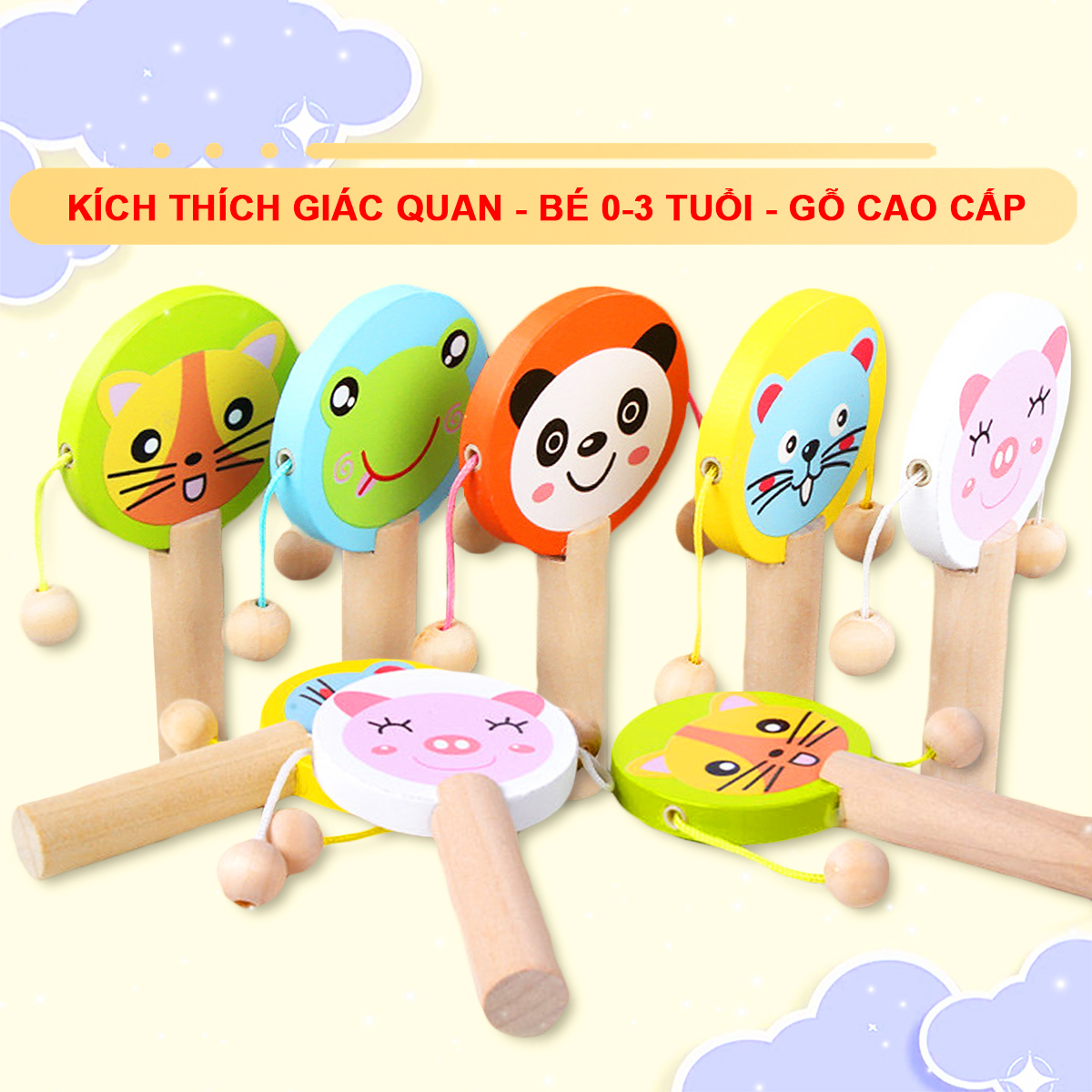 Lục lạc trống gỗ hình thú đủ màu sắc bắt mắt cho bé làm quen với âm thanh hỗ trợ sự phát triển của bé – DC033