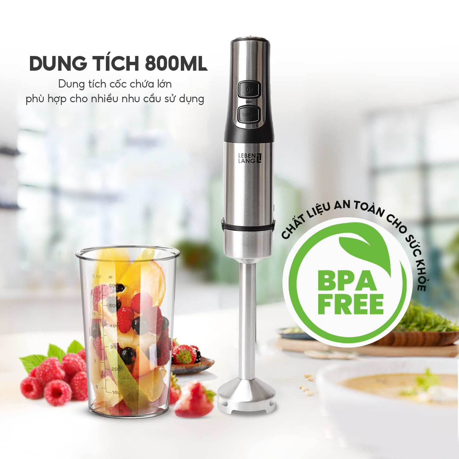 Máy xay sinh tố cầm tay đa năng Lebenlang LBL104, 1200W, 800ml, lưỡi dao 4 cánh, bảo hành 2 năm – hàng chính hãng