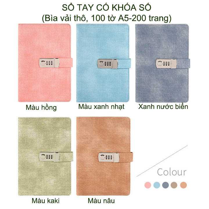 Sổ tay trang bị khóa số khổ A5, 100 tờ, bìa bằng vải thô siêu bền