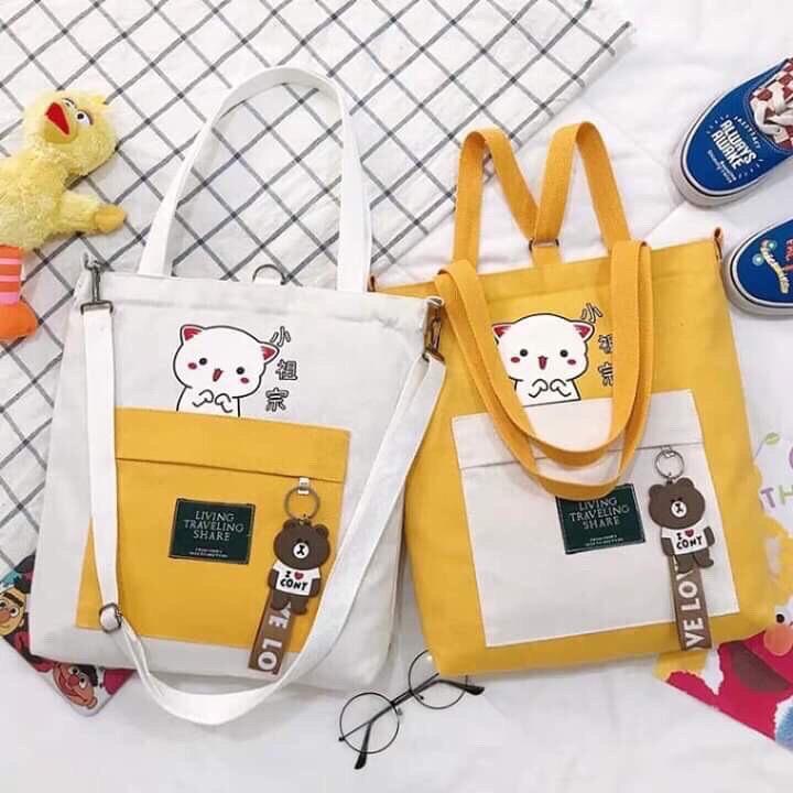 Túi Nữ Tote Vải Quai Vai Nhiều Hình Cute Đi Học Thêm Hoặc Đi Chơi