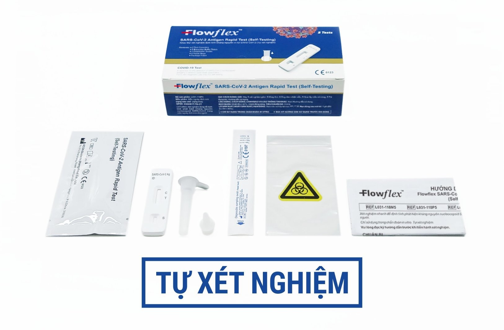 Combo 2 hộp 5 Kit test nhanh Covid và 10 que bông vô trùng lấy mẫu dịch mũi Acon FlowFlex thương hiệu Mỹ Abcare