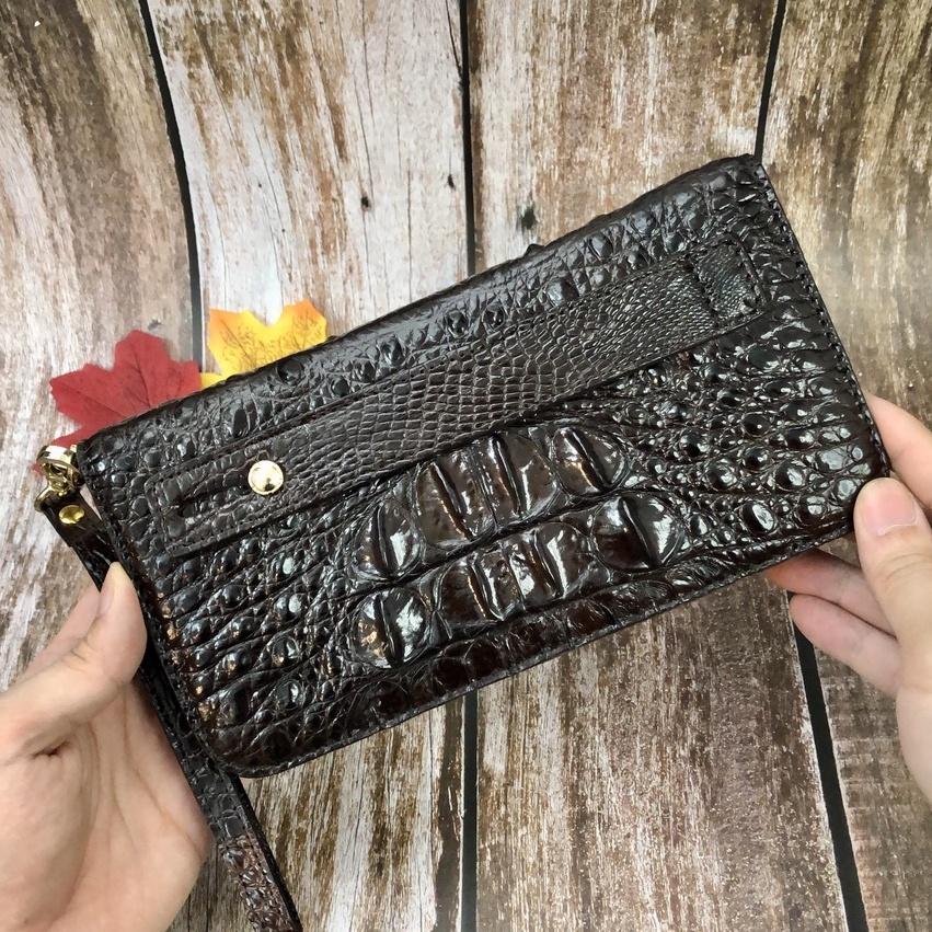 Clutch Da Cá Sấu Thật 1 Khóa - Clutch Cá Sấu 6 Gù Hàng Hiếm, Ví Dài Cầm Tay Có Ngăn Đựng Điện Thoại, BH 24 Tháng