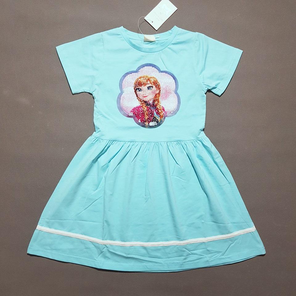 Đầm thun cotton mềm mát vuốt kim sa đổi màu ngựa pony hồng và elsa xanh cho bé gái