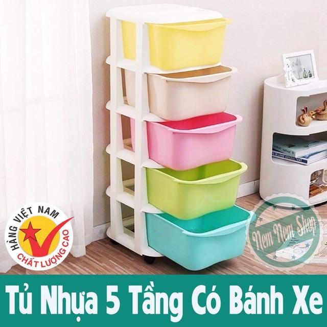 Tủ nhựa đa sắc ngăn kéo 5 tầng có bánh xe hàng Việt Nhật