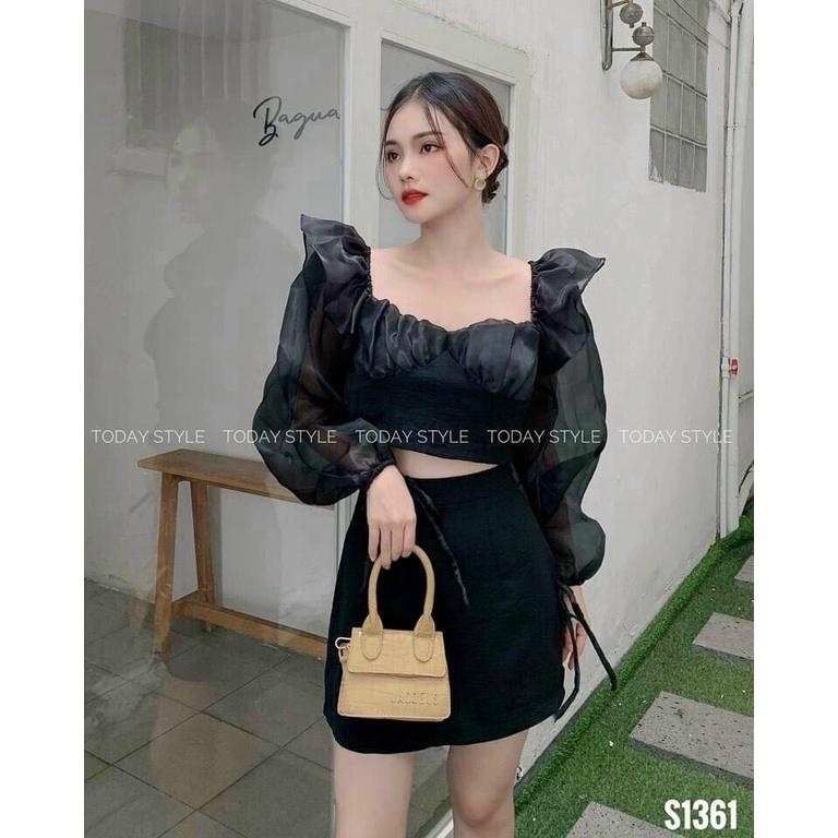 Sét Đồ Bộ Nữ Đũi Nhăn Áo Tay Phối Voan Tơ & Chân Váy