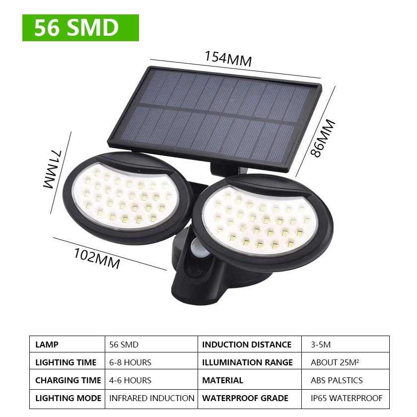 Đèn LED năng lượng mặt trời 2 đầu cảm biến chuyển động 130/108/78/56 chống thấm nước 3 chế độ