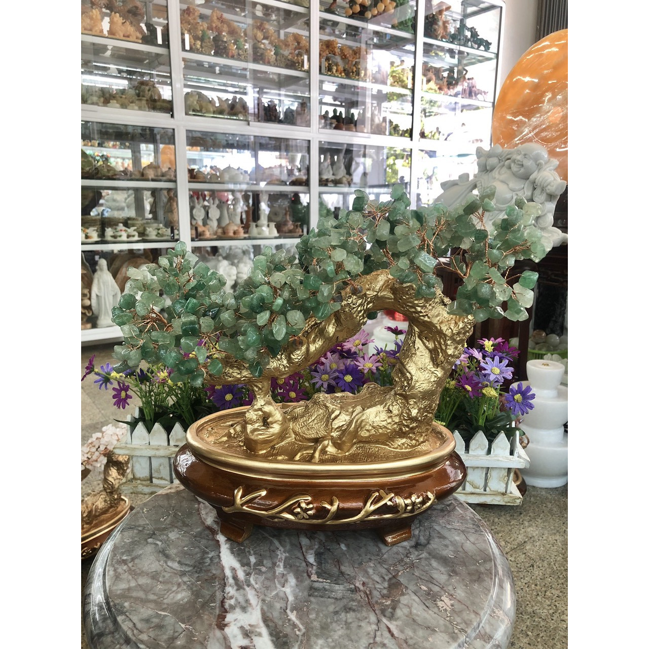 Cây tài lộc bonsai phong thủy đá thạch anh dâu tây xanh - Cao 30 cm