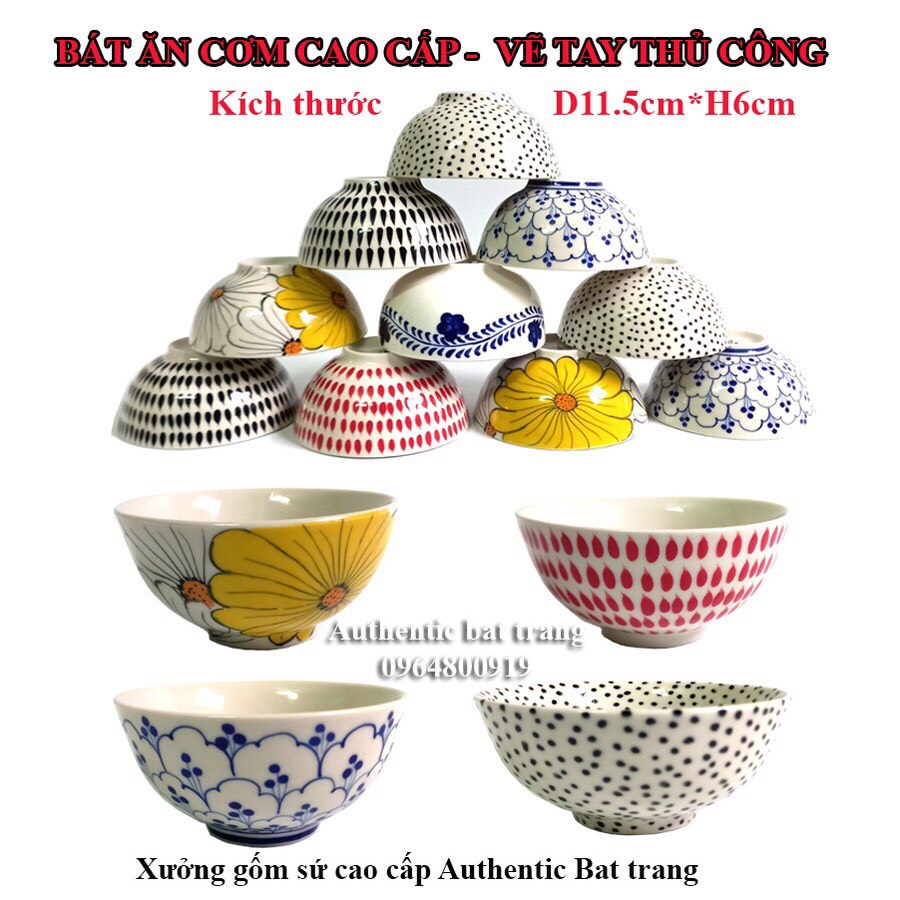 Bát ăn cơm cao cấp D11.5H6cm họa tiết Vẽ tay thủ công siêu đáng yêu - Xưởng gốm sứ cao cấp Authentic bat trang
