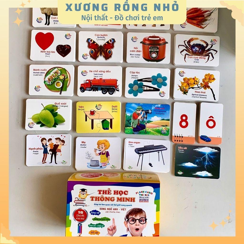 Bộ thẻ học thông minh 16 chủ đề 416 thẻ, thẻ flashcard song ngữ cho bé, thẻ hình con vật, chữ cái