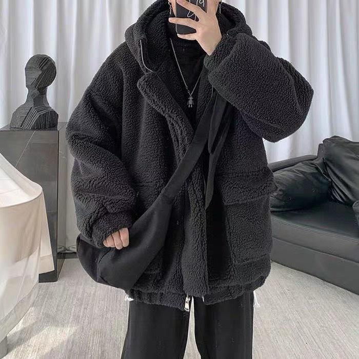 Áo Khoác Lông Unisex Logo Ngực Khóa Kéo Có Mũ
