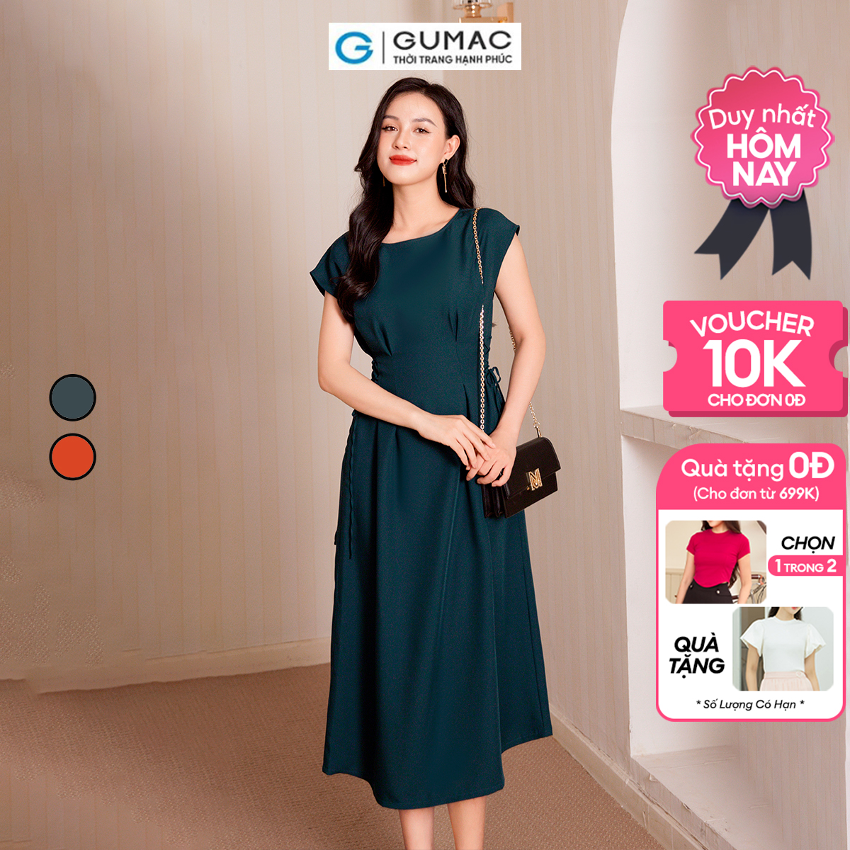 Đầm A thắt dây eo thời trang GUMAC DD10057
