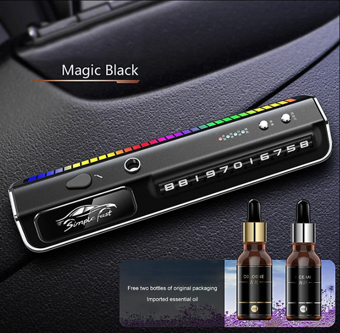 Cao cấp - Nước hoa ô tô NaNo kiêm Bảng ghi số đỗ xe Cảm biến nhấp nháy theo nhạc Led RGB, tặng kèm 2 chai tinh dầu