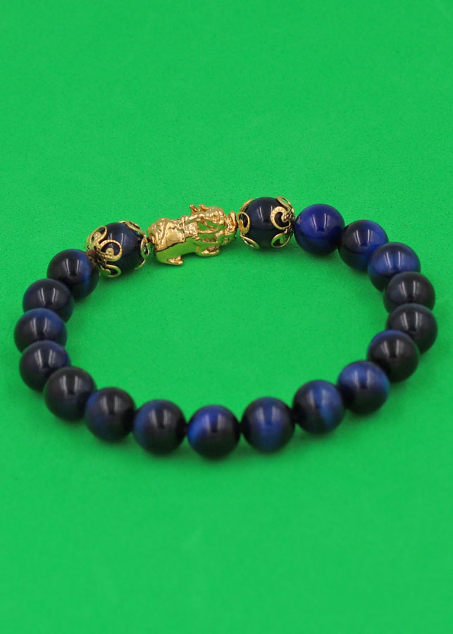 Vòng đeo tay Đá Mắt Hổ Xanh Đen 8 ly - cẩn Tỳ Hưu Phong Thủy inox vàng VMHXETHHKV8 - hợp mệnh Mộc, mệnh Thủy