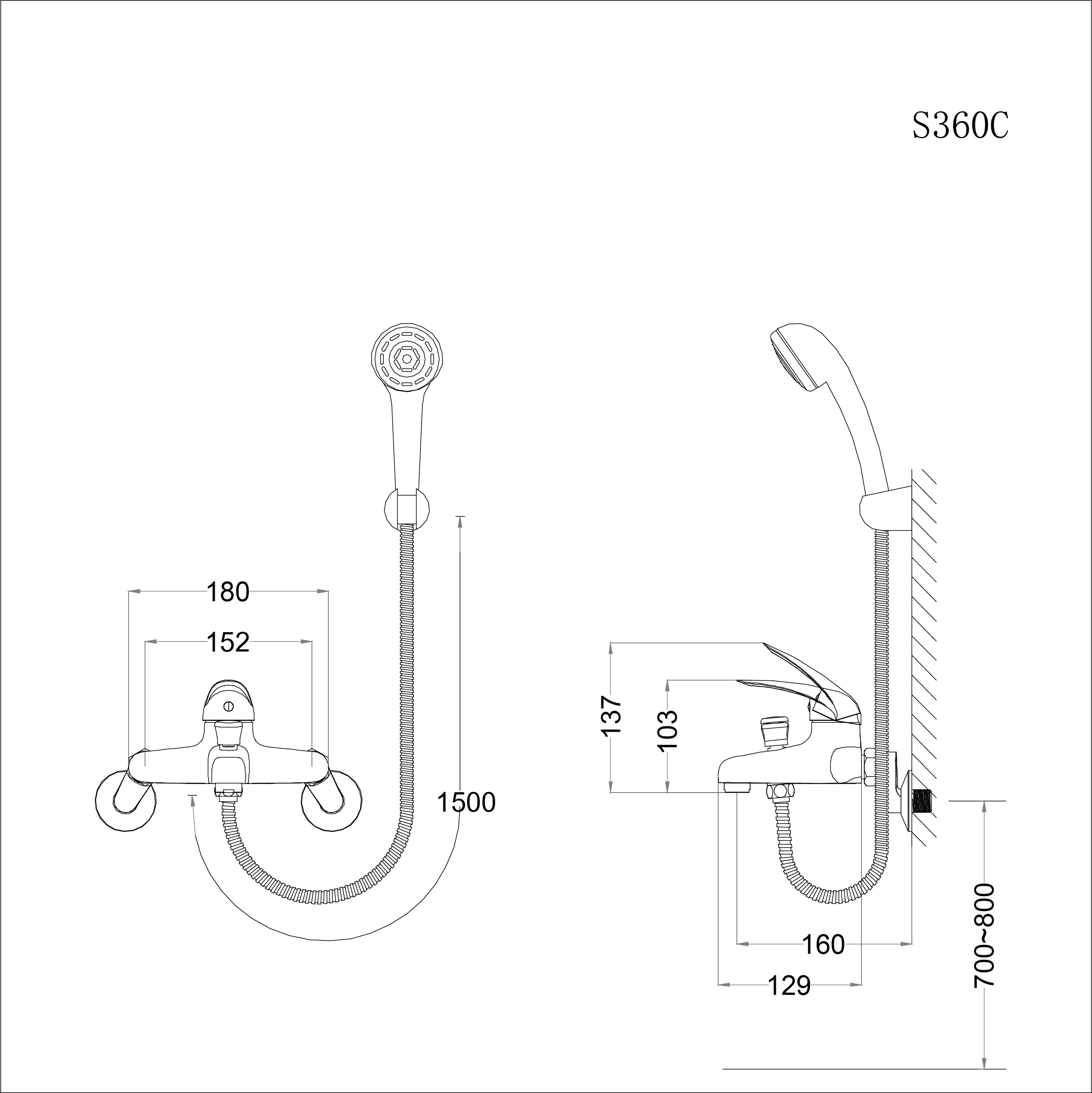 Vòi sen tắm nóng lạnh gắn tường tay sen một chế độ Caesar S360C