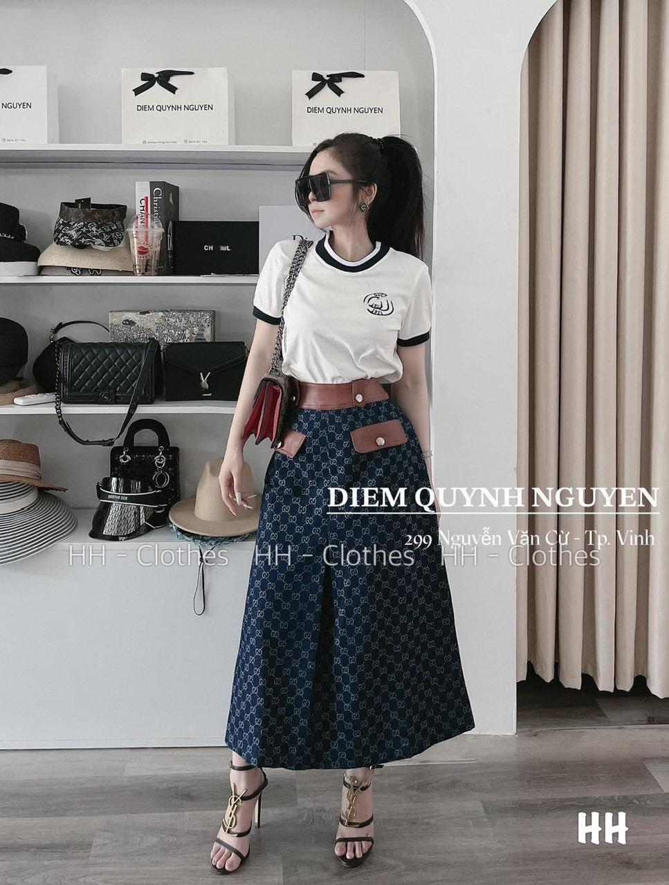 SET ĐI CHƠI, SET 2 MÓN ÁO THUN TAY NGẮN VIỀN PHỐI CHÂN VÁY DÀI PHỐI DA CỰC SANG CHẢNH