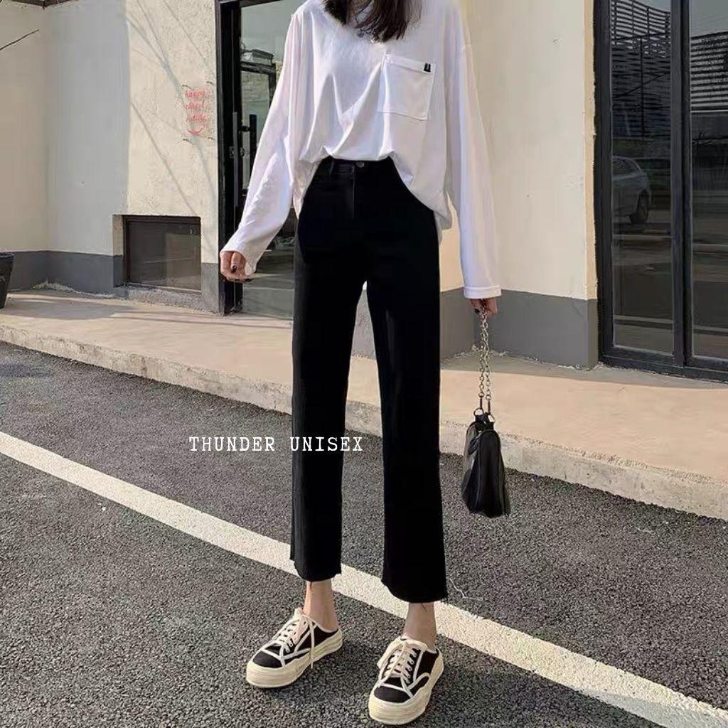 Quần Jean Nữ Ống Đứng Lưng Cao Gấu Rách Quần Bò Suông Co Giãn Màu Đen ThunderUnisex Phong Cách Hàn Quốc Ulzzang