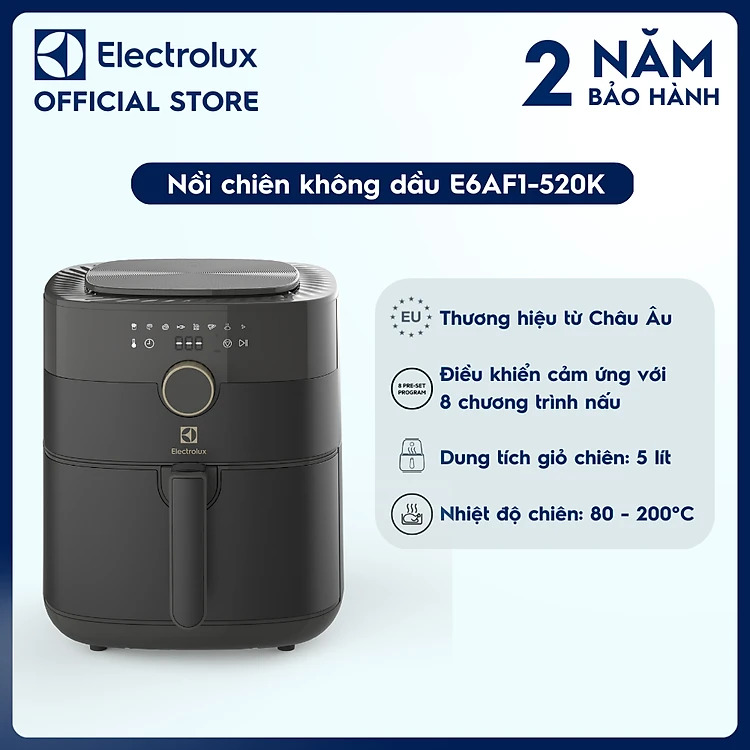 [Gift] Nồi chiên không dầu Electrolux E6AF1-520K - Dung tích giỏ chiên 5 lít - 8 chương trình nấu [Hàng Chính Hãng]