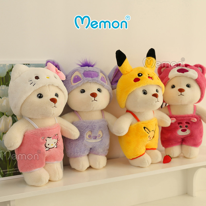 Gấu Bông Teddy Lena Đội Mũ Đeo Yếm Lotso, Stitch, Pikachu Cực Cute 28cm - 55cm Cao Cấp Memon