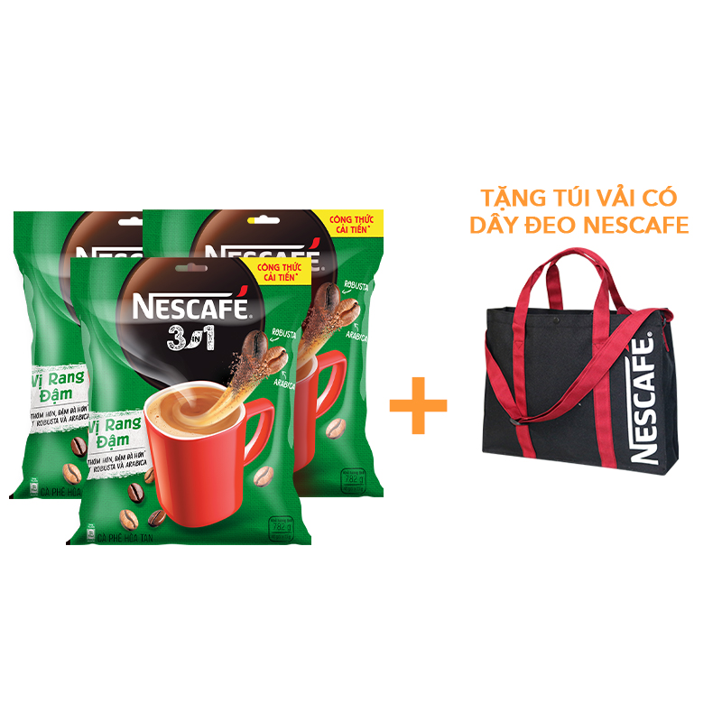 [TẶNG Túi vải có dây đeo] Combo 3 Bịch cà phê hoà tan NESCAFÉ 3IN1 công thức cải tiến - VỊ RANG ĐẬM (3x46gói)